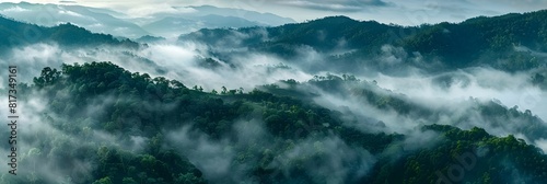 Aerial view landscape of Misty foggy mountain hills and forest, Beautiful fresh green natural scenery of hilltop, relax time with greenery tree in the morning. 