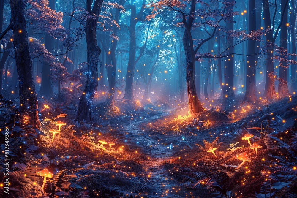 Ethereal Forrest Magic: Glowing Mushrooms and Firefly Delight
