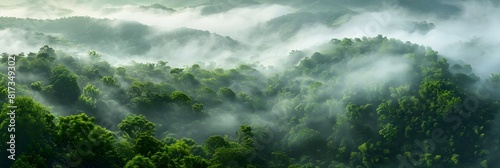 Aerial view landscape of Misty foggy mountain hills and forest  Beautiful fresh green natural scenery of hilltop  relax time with greenery tree in the morning.  