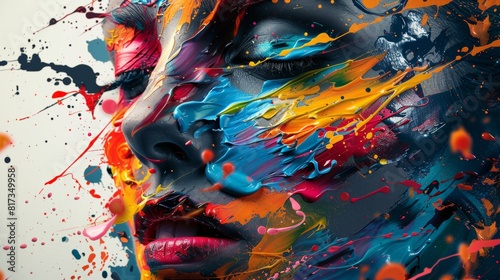 Closeup of a creative portrait with dynamic paint splashes in vivid colors