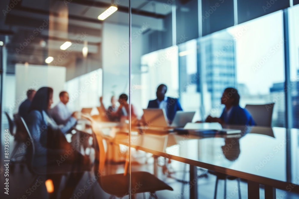 Blurred view of a business meeting in a glass conference room - teamwork - corporate environment - business collaboration Blurred view of a business meeting in a glass conference room - teamwork - corporate environment - business collaboration