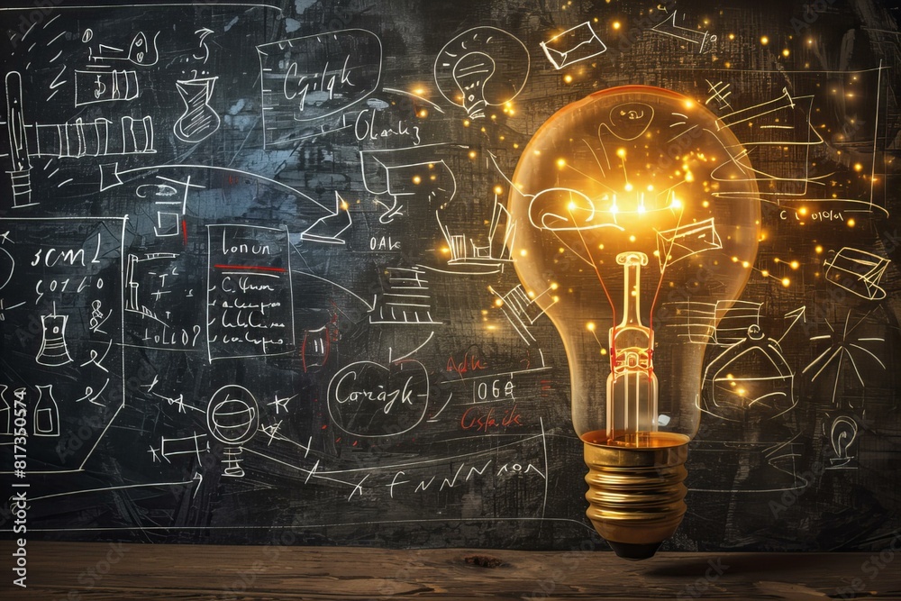 Light bulb with glowing sparks in front of a chalkboard Light bulb with glowing sparks in front of a chalkboard
