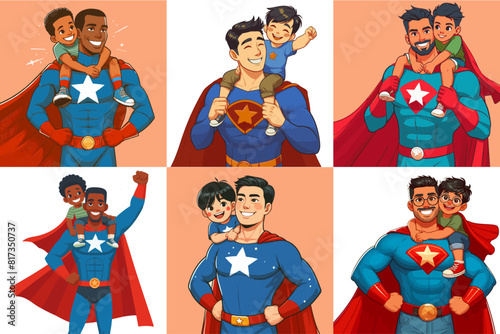 Papá con traje de superheroe cargando a su hijo en sus hombros
