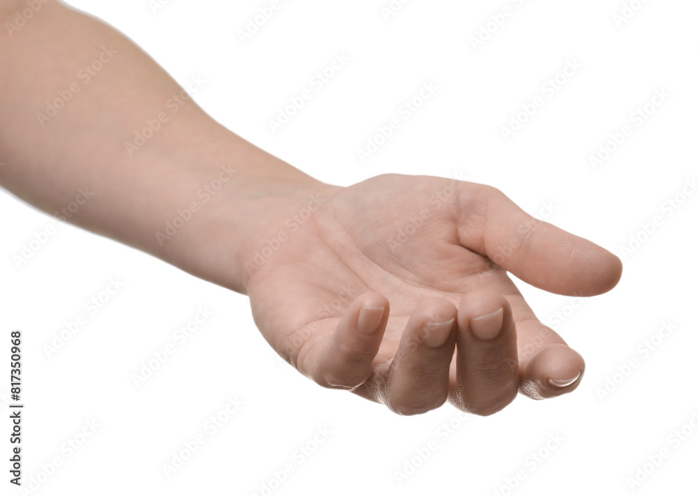 Woman holding something in hand on white background, closeup Woman holding something in hand on white background, closeup