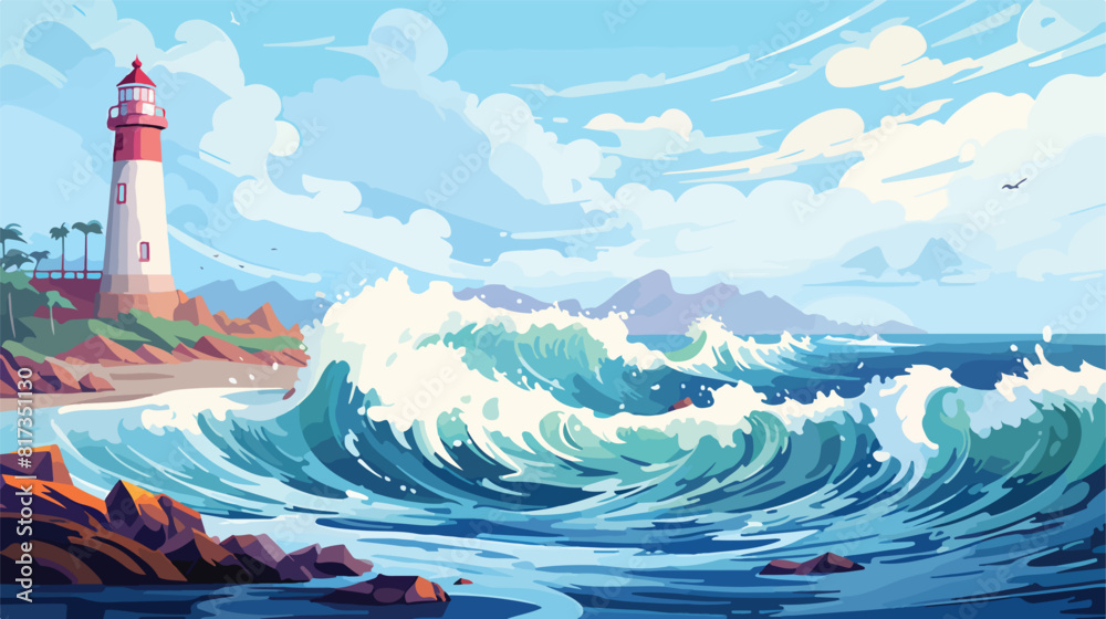 Tsunami flat cartoon seascape panoramic landscape i
