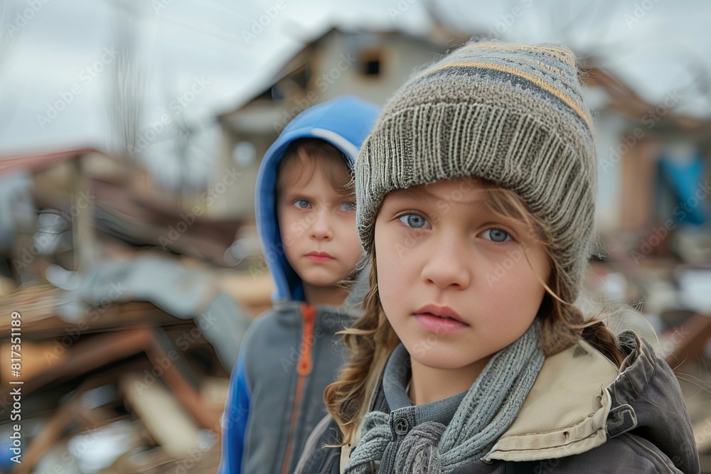 Two children in front of ruined house Two children in front of ruined house