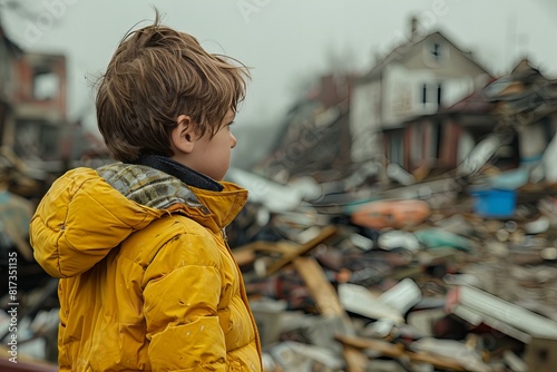 Boy in yellow jacket examining debris