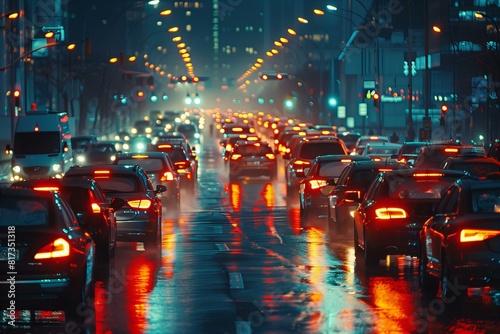 Cars driving through illuminated city street at night photo