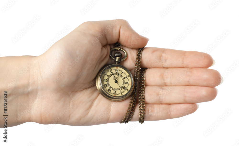 Woman holding pocket clock with chain on white background, closeup Woman holding pocket clock with chain on white background, closeup