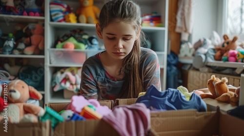 Teenager sorting and collect kid toys, clothes into boxes at home. Donations for charity, help low income families, declutter home, sell online, moving into new home, recycling, sustainable living