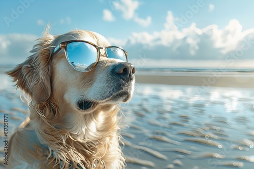 A dog with sunglasses on beach near water