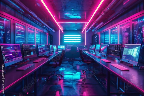 A room with multiple computers and neon lights on the walls