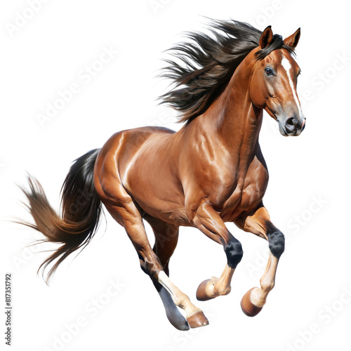 A brown horse with a white face and black mane and tail is running