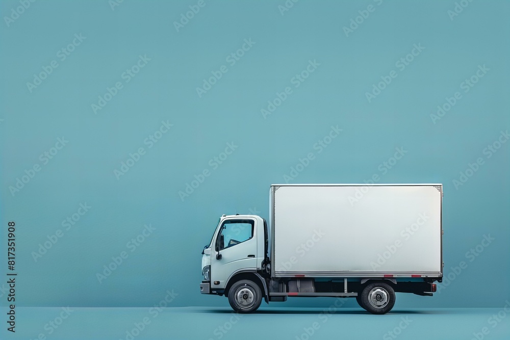 A white truck parked on a blue surface A white truck parked on a blue surface