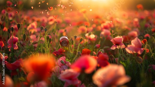 Poppy field sunset with a can for environmental awareness