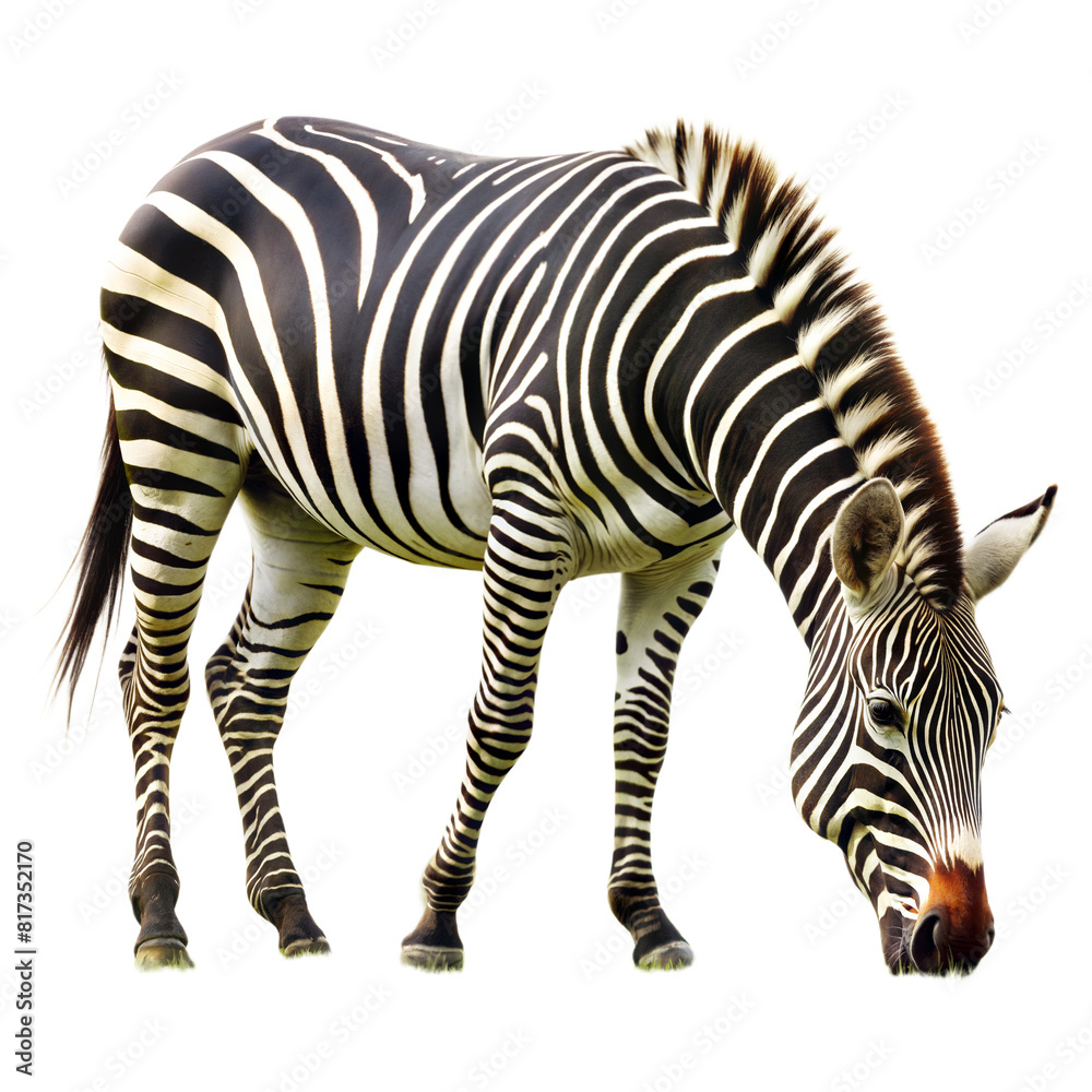 A zebra is eating grass in front of a transparent background A zebra is eating grass in front of a transparent background