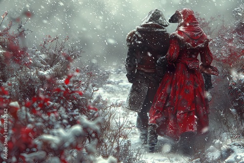 Intricate Winter Ensemble: Enigmatic Couple on Snowy Path