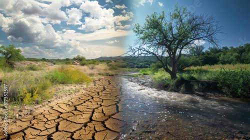 A dry riverbed with no water, and a flowing river with clean water and lush vegetation.