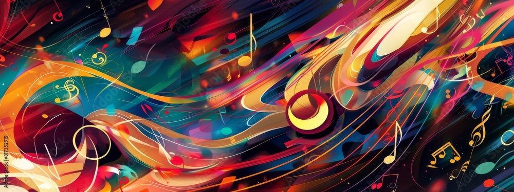 A dynamic, music-themed background with abstract notes and instruments. A dynamic, music-themed background with abstract notes and instruments.