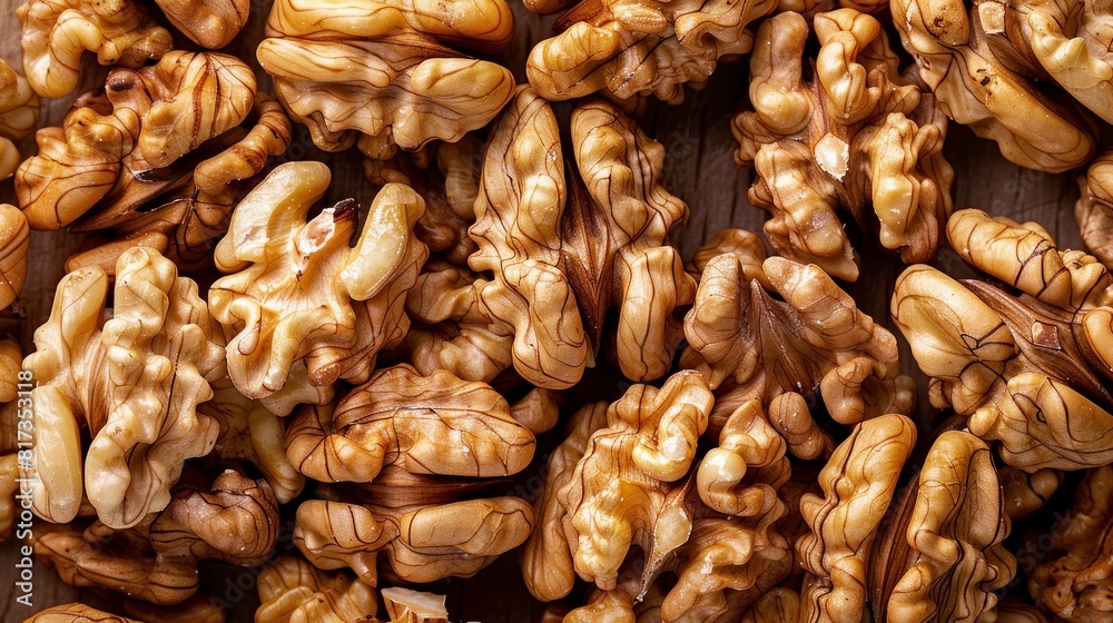 A full frame top view of a surface containing a bunch of fresh, uncooked, brown, crispy walnuts A full frame top view of a surface containing a bunch of fresh, uncooked, brown, crispy walnuts