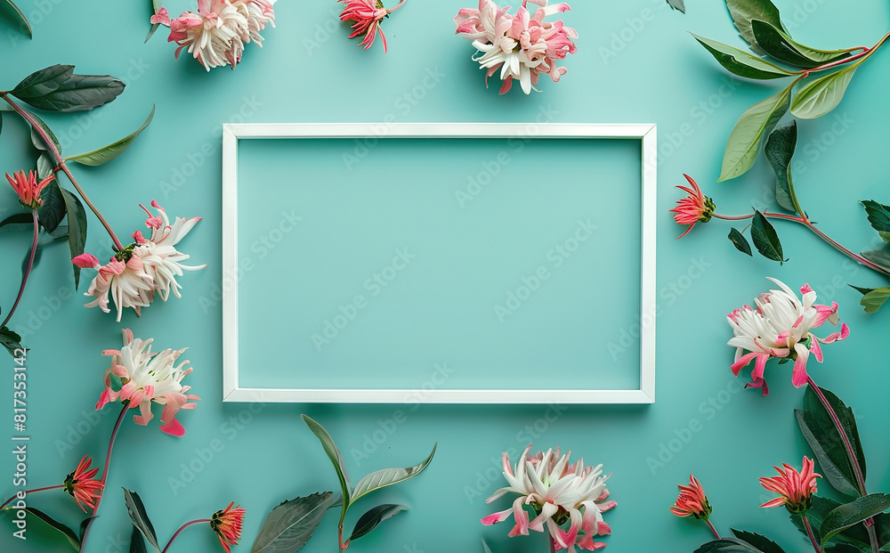 Flowers surrounded around blank white frame, isolated on a green background.