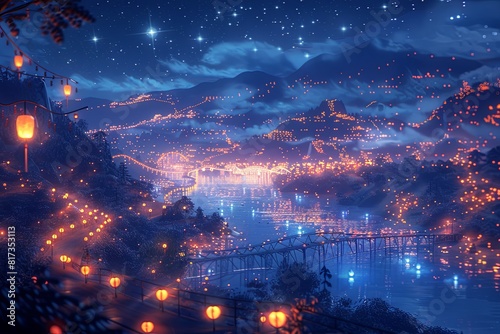 Glowing Lanterns Night Sky  Bridges  Stars  Underwater Mountains