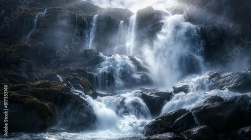 Powerful Waterfall in Mist With Dramatic Sky