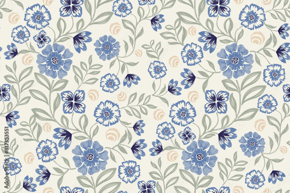 Floral tapestry wallpaper pattern seamless embroidery textured Ikat minimal vintage ethnic blue flowers design hand drawn vector illustration. 