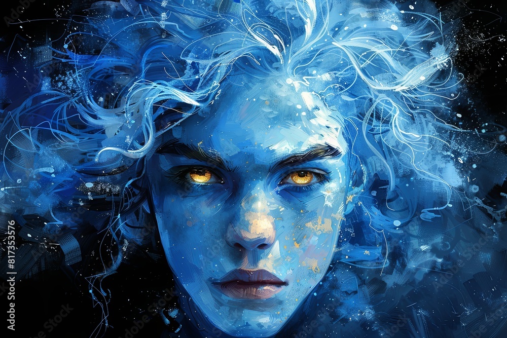 Sky Blue Hair and Gold Eyes: Boyish Face Professional Digital Painting Sky Blue Hair and Gold Eyes: Boyish Face Professional Digital Painting