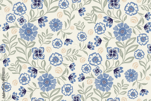 Floral tapestry wallpaper pattern seamless embroidery textured Ikat minimal vintage ethnic blue flowers design hand drawn vector illustration. 