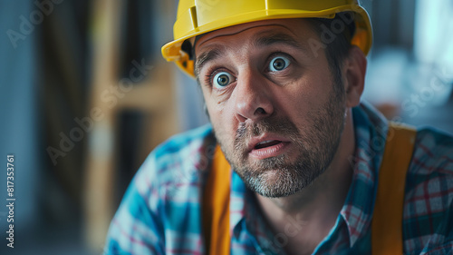 A male construction worker wears a yellow hard hat and a reflective orange vest, looking up with an expression of concern or surprise - Generative AI