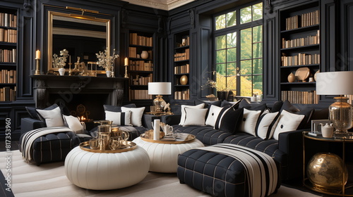 A sophisticated home library featuring plush seating, dark-toned wood bookshelves, golden accents, and a warm inviting ambiance - Generative AI