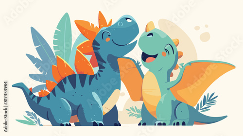 Two funny baby dinosaur characters - stegosaurus an