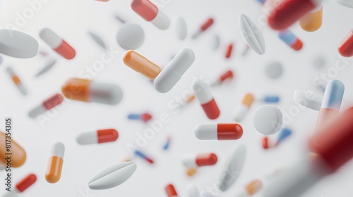 Red and white capsules flying in the air for medicine or healthcare related designs