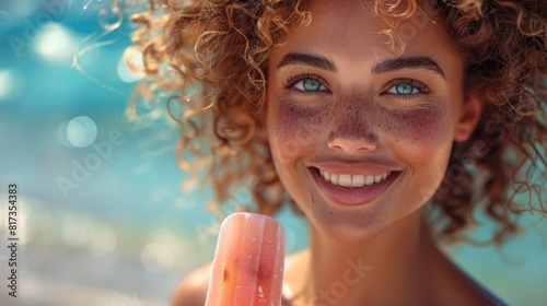 Radiant young woman enjoying a popsicle on sunny beach day