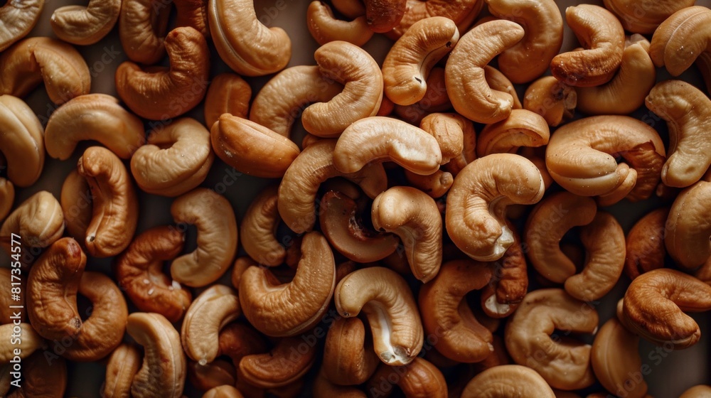 A large quantity of delicious raw cashews are arranged on a smooth tabletop in full frame top view A large quantity of delicious raw cashews are arranged on a smooth tabletop in full frame top view