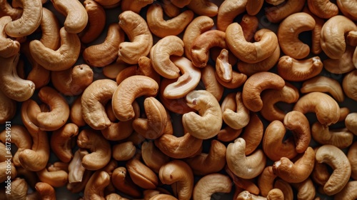 A large quantity of delicious raw cashews are arranged on a smooth tabletop in full frame top view