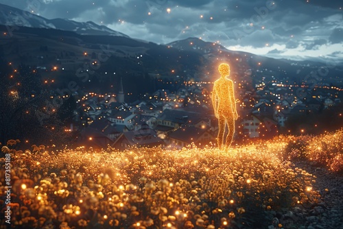 Golden Figure Illuminated by Glowing Blooms: Village, Mountain Skyline, Twinkling Night Sky