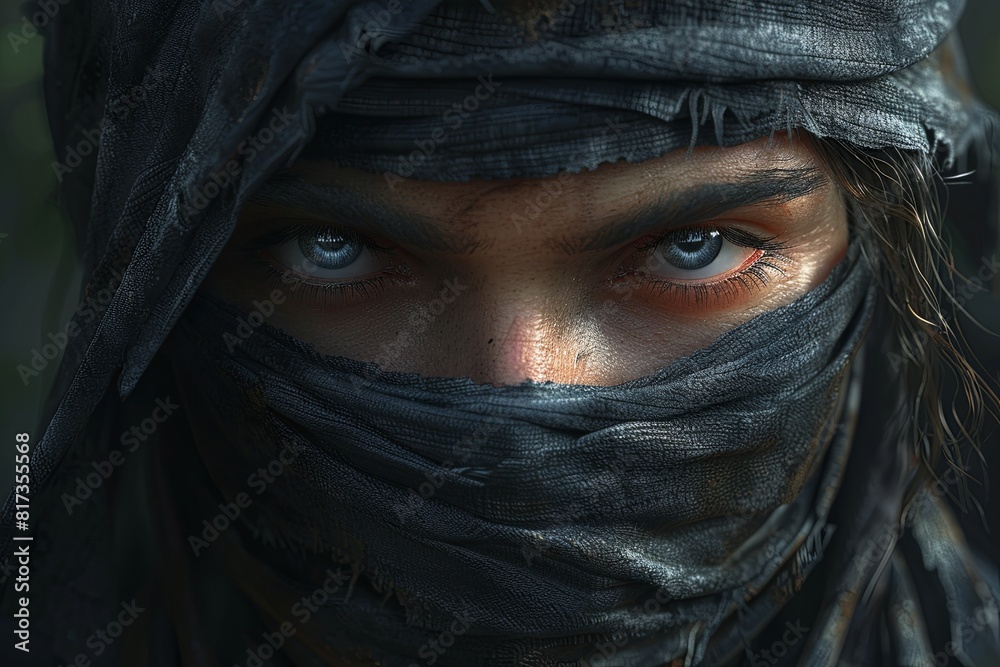 Naklejka premium Ultra Detailed Ninja Xcopy: Realistic Face with Bright Eyes Portrait Art