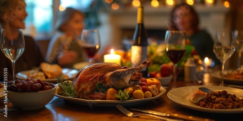 An intimate gathering with a roasted turkey centerpiece  wine  and candles setting a warm ambiance