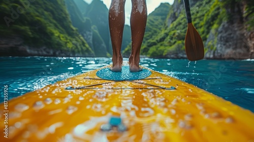 Vibrant stand-up paddleboarding adventure in tropical lagoon photo