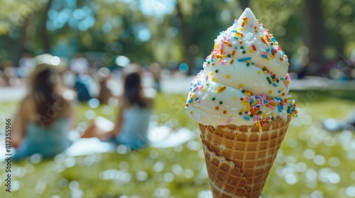 Delightful ice cream cone with sprinkles at a sunny park picnic