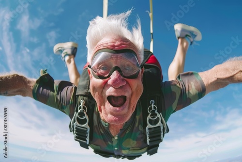 A skydiver is captured in free fall against a backdrop of a clear blue sky, embodying adrenaline and the thrill of skydiving