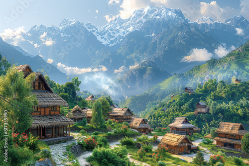 A traditional village nestled in the foothills of towering mountains  showcasing indigenous architecture and customs. Concept of cultural authenticity and heritage. Generative Ai.