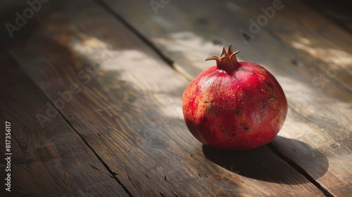 Red pomegranate on a wooden table for autumn or winter holidays