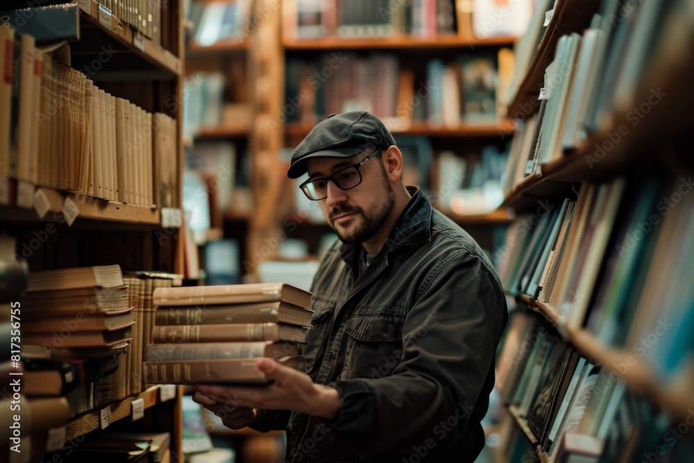 A person carrying a pile of hardcover books among bookshelves in a library setting, selecting literature to read A person carrying a pile of hardcover books among bookshelves in a library setting, selecting literature to read