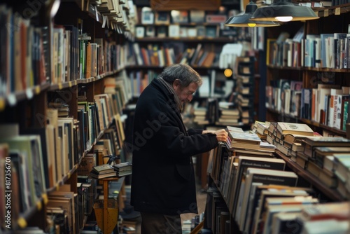 An individual is immersed in reading book titles in a bookstore filled with towering shelves of books