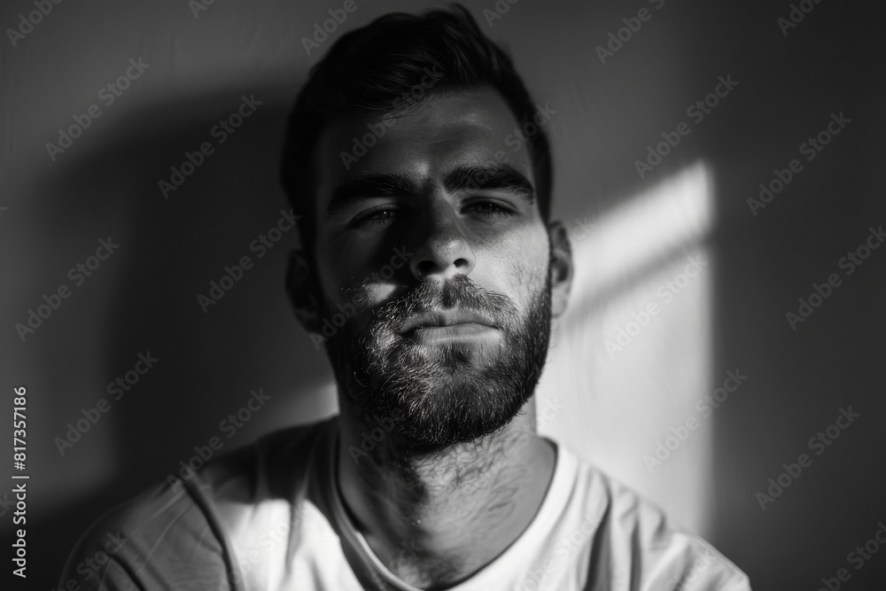 A black and white photograph captures a contemplative man in dramatic lighting, highlighting mood and texture