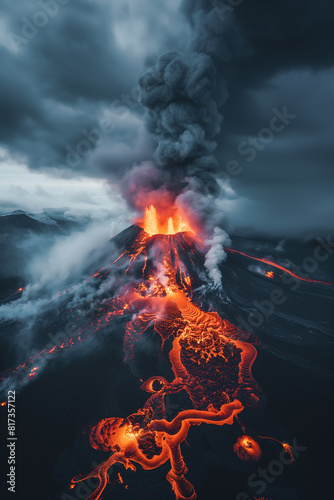 Dramatic volcanic eruption with flowing lava at dusk. Generative AI image photo