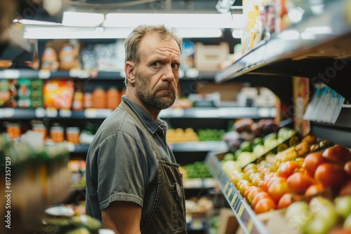 A man in a grocery store looks thoughtfully at the camera, surrounded by shelves of fresh produce photo